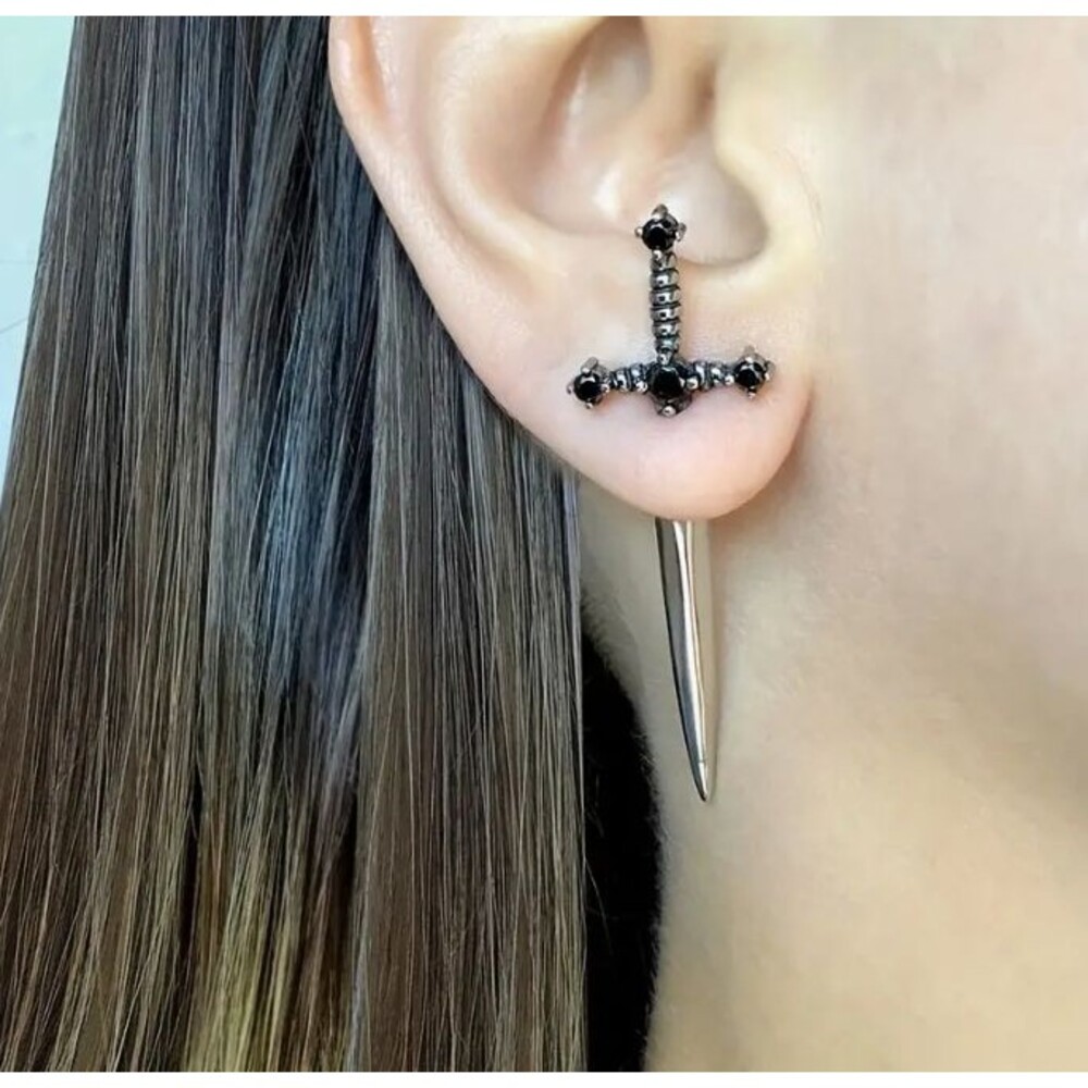 Silver Black Rhinestones DAGGER Earrings Halloween Gothic Stab Biker
